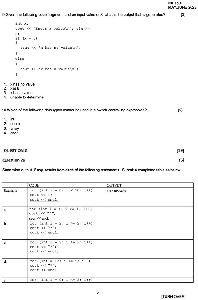 SOLVED: Texts: INP1501 MAY/JUNE 2022 9. Given the following code ...