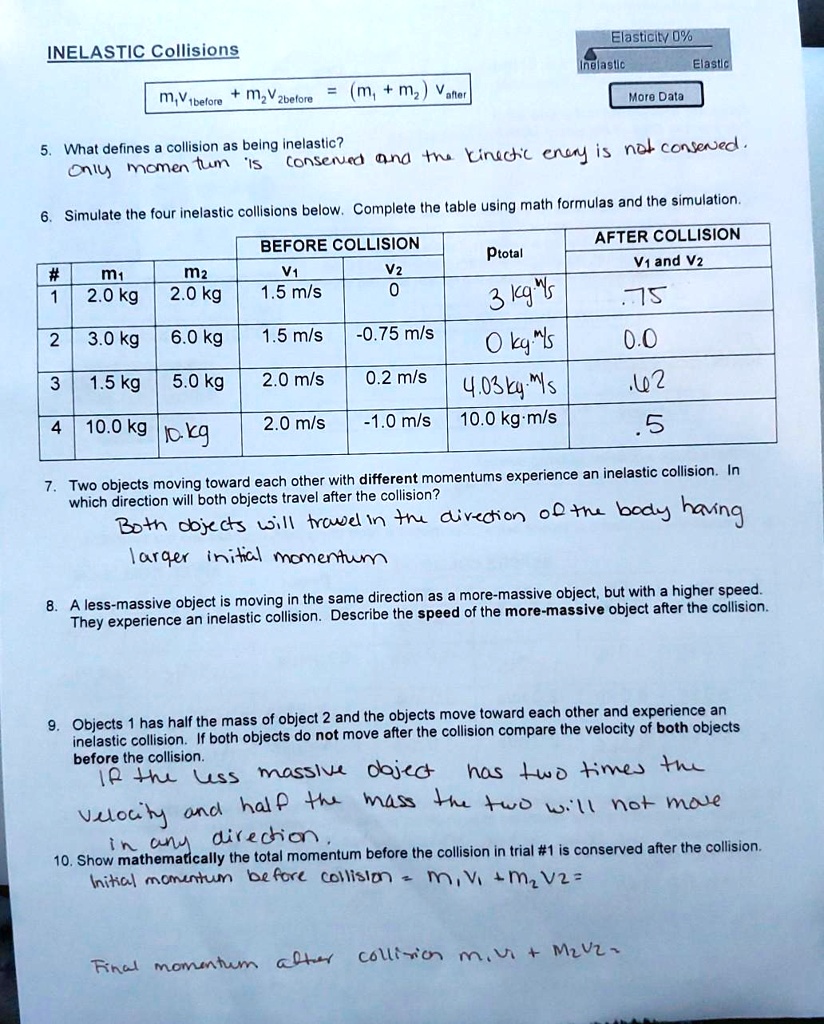 INELASTIC Collisions
m1v1before + m2v2before = (m1 + m2) vafter
Elasticity 0%
Inelastic Elastic
More Data
5. What defines a collision as being inelastic?
Only momentum is conserved and the kinetic energy is not conserved.
6. Simulate the four inelastic collisions below. Complete the table using math formulas and the simulation.
BEFORE COLLISION
AFTER COLLISION
# m1 m2 V1 V2 Ptotal V1 and V2
1 2.0 kg 2.0 kg 1.5 m/s 0 3 kg " m/s .75
2 3.0 kg 6.0 kg 1.5 m/s -0.75 m/s 0 kg " m/s 0.0
3 1.5 kg 5.0 kg 2.0 m/s 0.2 m/s 4.03 kg " m/s .62
4 10.0 kg 10 kg 2.0 m/s -1.0 m/s 10.0 kg " m/s .5
7. Two objects moving toward each other with different momentums experience an inelastic collision. In which direction will both objects travel after the collision?
Both objects will travel in the direction of the body having larger initial momentum
8. A less-massive object is moving in the same direction as a more-massive object, but with a higher speed. They experience an inelastic collision. Describe the speed of the more-massive object after the collision.
9. Objects 1 has half the mass of object 2 and the objects move toward each other and experience an inelastic collision. If both objects do not move after the collision compare the velocity of both objects before the collision.
If the less massive object has two times the velocity and half the mass the two will not move in any direction.
10. Show mathematically the total momentum before the collision in trial #1 is conserved after the collision.
Initial momentum before collision = m1V1 + m2V2 =
Final momentum after collision m1V1 + m2V2 =