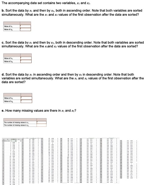 The accompanying data set contains two variables, x1 and x2. b. Sort ...
