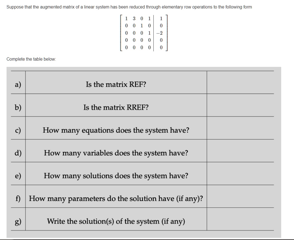 SOLVED:Suppose that the augmented matrix of a linear system has been ...