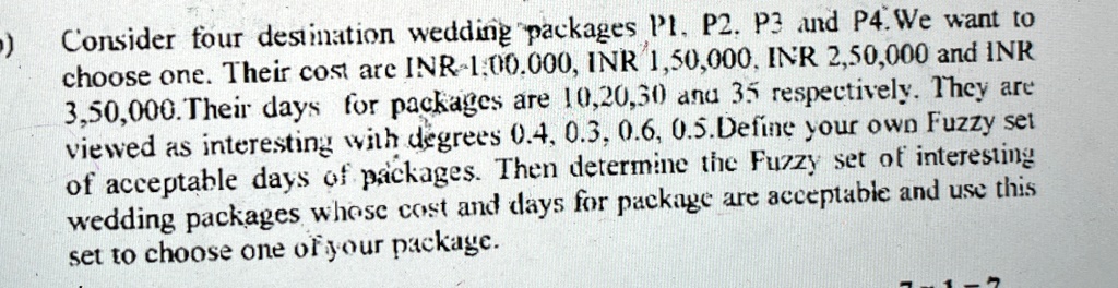 consider four destination wedding packages p1 p2 p3 and p4 we want to choose one their cost are inr 100000 inr 150000 inr 250000 and inr 350000 their days for packages are 10 20 30 and 3 86512