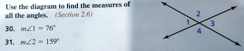 Use the diagram to find the measures of all the angles.
30. m?1 = 76°
31. m?2 = 159°