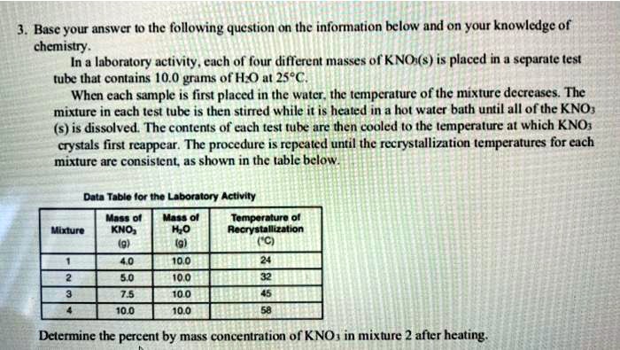 3. Base your answer to the following question on the information below and on your knowledge of chemistry.
In a laboratory activity, each of four different masses of KNO3(s) is placed in a separate test tube that contains 10.0 grams of H2O at 25°C.
When each sample is first placed in the water, the temperature of the mixture decreases. The mixture in each test tube is then stirred while it is heated in a hot water bath until all of the KNO3(s) is dissolved. The contents of each test tube are then cooled to the temperature at which KNO3 crystals first reappear. The procedure is repeated until the recrystallization temperatures for each mixture are consistent, as shown in the table below.

Data Table for the Laboratory Activity
Mixture | Mass of KNO3 (g) | Mass of H2O (g) | Temperature of Recrystallization (°C)
1 | 4.0 | 10.0 | 24
2 | 5.0 | 10.0 | 32
3 | 7.5 | 10.0 | 45
4 | 10.0 | 10.0 | 58

Determine the percent by mass concentration of KNO3 in mixture 2 after heating.