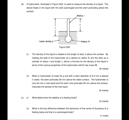 SOLVED (b A hydrometer, illustrated in Figure Q22, is used to measure the density of a liquid