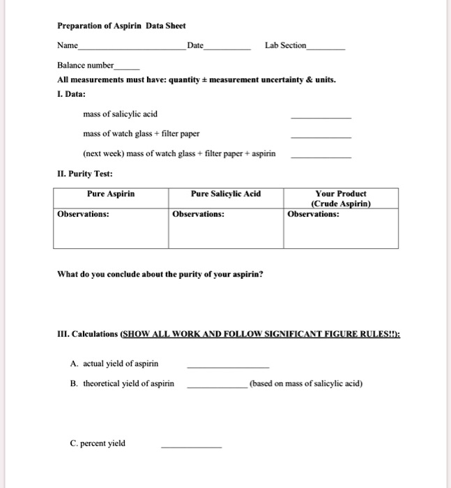 SOLVED Preparation Aspirin Data Sheet Name Date Lab Section Balance