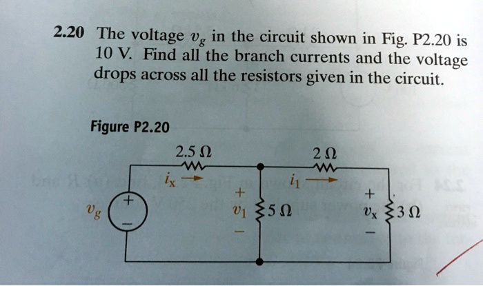 2.20 The voltage vg in the circuit shown in Fig. P2.20 is 10 V. Find all the branch currents and the voltage drops across all the resistors given in the circuit.
Figure P2.20
2.5 ??
2 ??
ix
i1
+
+
vg
v1
5 ??
vx
3 ??