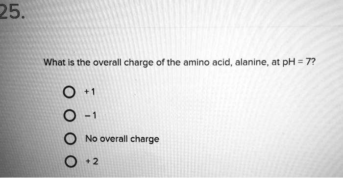 What is the overall charge of the amino acid, alanine, at pH = 7?
+ 1
- 1
No overall charge
+ 2