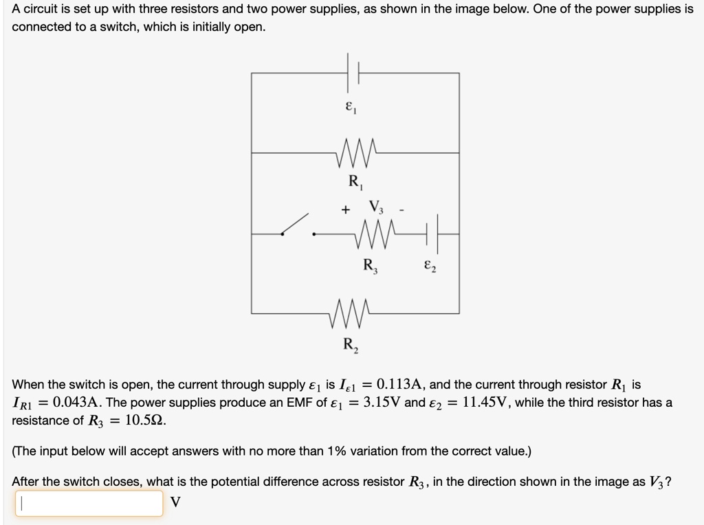 A circuit is set up with three resistors and two power supplies, as ...