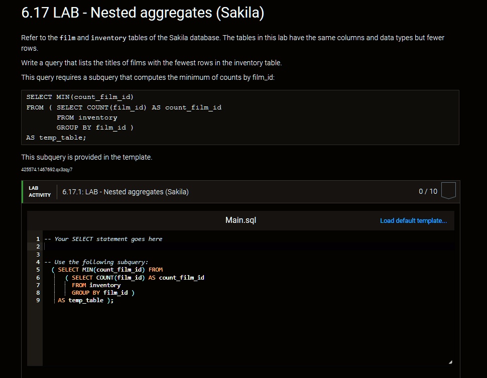 6.17 LAB - Nested aggregates (Sakila) Refer to the film and inventory ...