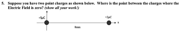 5. Suppose you have two point charges as shown below. Where is the point between the charges where the Electric Field is zero? (show all your work!)
+5?C
+2?C
X
8mm