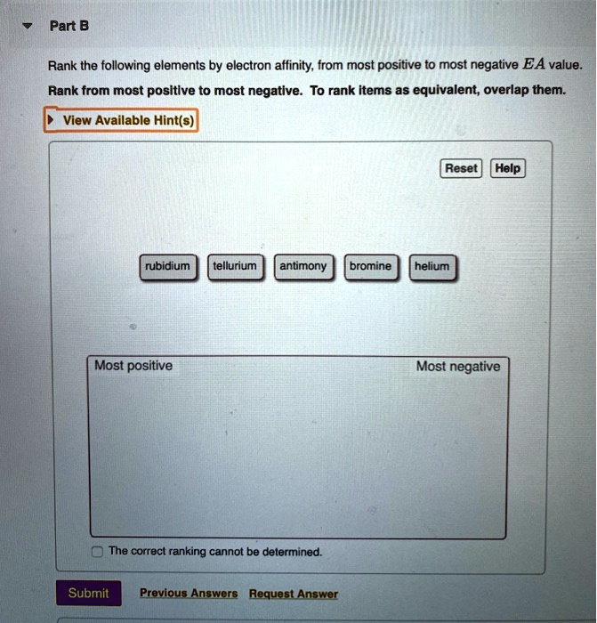 SOLVED Part B Rank the following elements by electron affinity; from