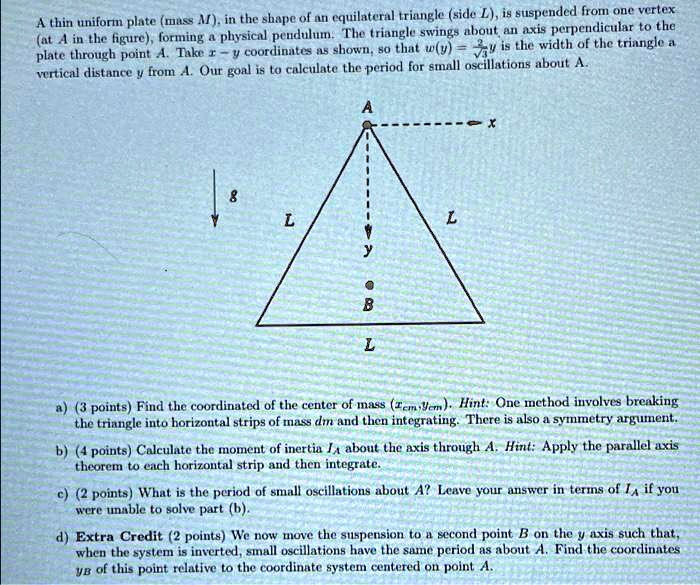 A thin uniform plate (mass M), in the shape of an equilateral triangle