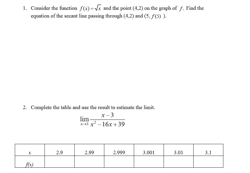 1. Consider the function f(x) = ?x and the point (4,2) on the graph of f. Find the equation of the secant line passing through (4,2) and (5, f(5) ).

2. Complete the table and use the result to estimate the limit.
lim (x?3) (x-3) / (x" - 16x + 39)

x | 2.9 | 2.99 | 2.999 | 3.001 | 3.01 | 3.1
f(x) | | | | | |