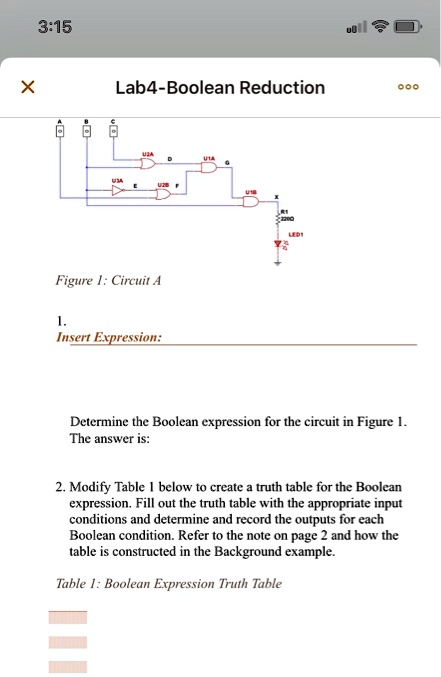 SOLVED: 3:15 X Lab 4 - Boolean Reduction 000 0 Figure 1: Circuit A 1 ...