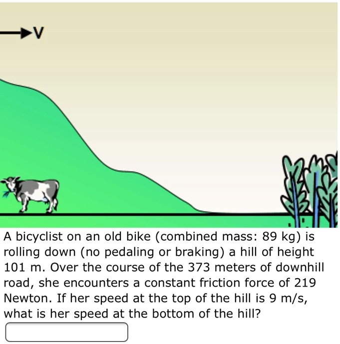 A bicyclist on an old bike (combined mass: 89 kg) is rolling down (no pedaling or braking) a hill of height 101 m. Over the course of the 373 meters of downhill road, she encounters a constant friction force of 219 Newton. If her speed at the top of the hill is 9 m/s, what is her speed at the bottom of the hill?