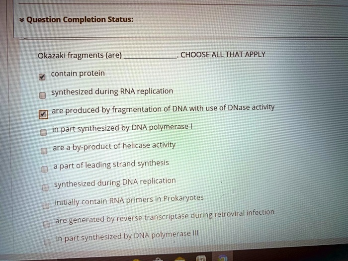 Okazaki fragments (are) . CHOOSE ALL THAT APPLY
contain protein
synthesized during RNA replication
are produced by fragmentation of DNA with use of DNase activity
in part synthesized by DNA polymerase I
are a by-product of helicase activity
a part of leading strand synthesis
synthesized during DNA replication
initially contain RNA primers in Prokaryotes
are generated by reverse transcriptase during retroviral infection
in part synthesized by DNA polymerase III