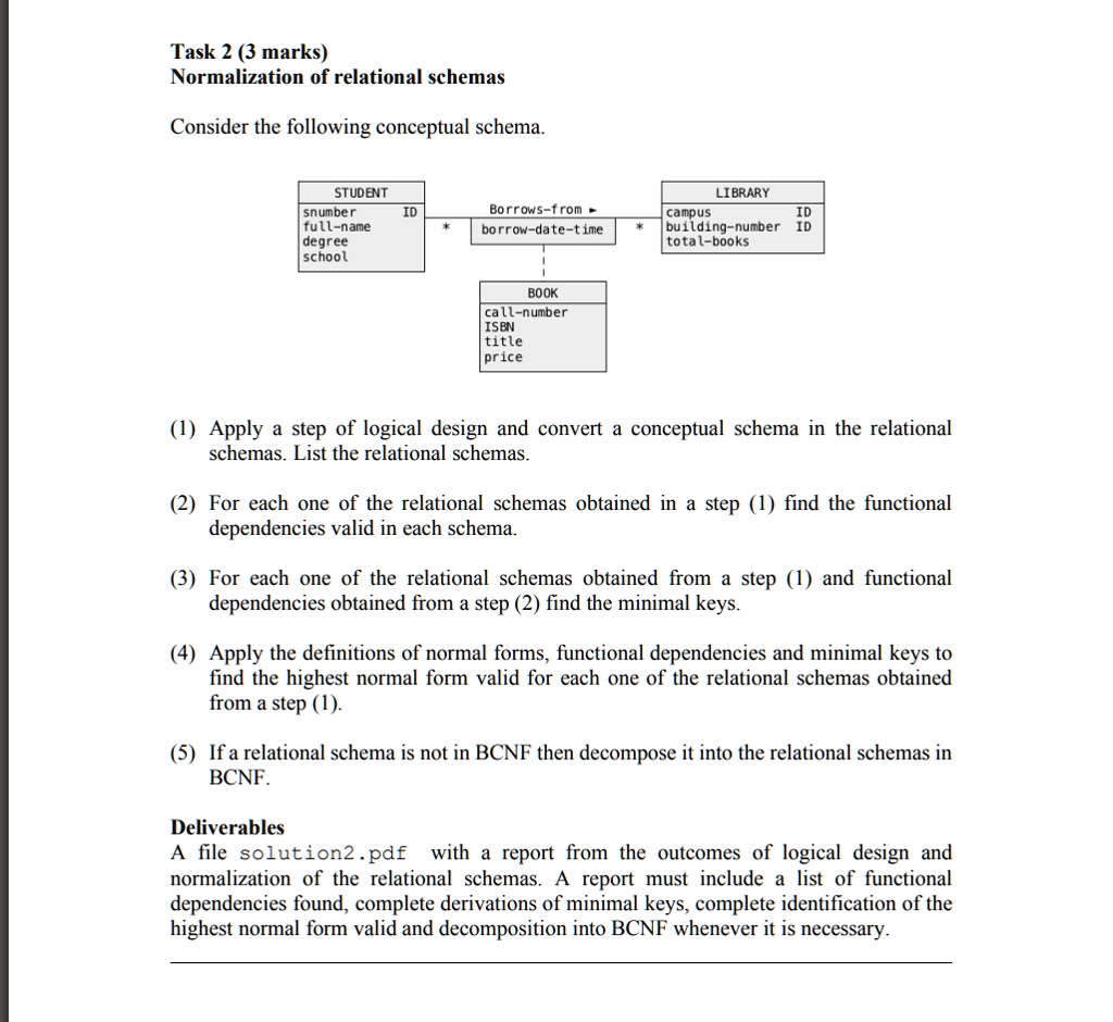 SOLVED: Task 2 (3 marks) Normalization of relational schemas Consider ...