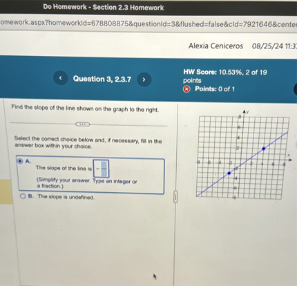 Find the slope of the line shown on the graph to the right.

Select the correct choice below and, if necessary, fill in the answer box within your choice.
A. The slope of the line is
(Simplify your answer. Type an integer or a fraction.)
B. The slope is undefined.