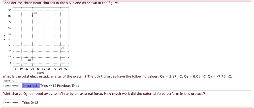 Consider the three point charges in the x-y plane as shown in the figure.

What is the total electrostatic energy of the system? The point charges have the following values: Q1 = 5.87 nC, Q2 = 6.01 nC, Q3 = -7.76 nC.

Point charge Q3 is moved away to infinity by an external force. How much work did the external force perform in this process?