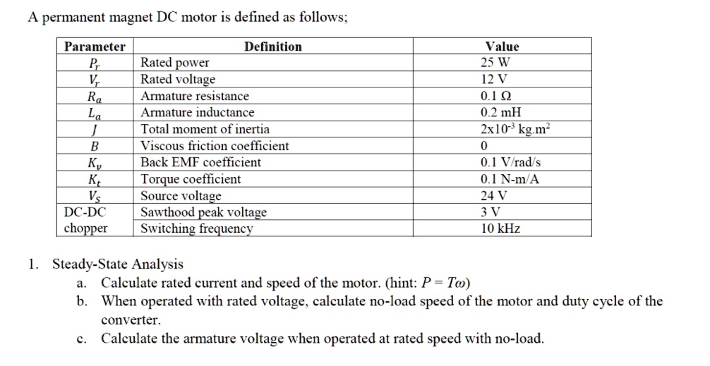 SOLVED A permanent DC motor is defined as follows Parameter