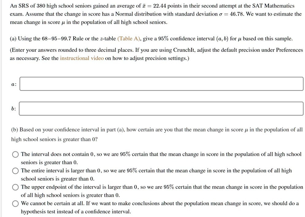 SOLVED: An SRS of 380 high school seniors gained an average of 122.44 ...