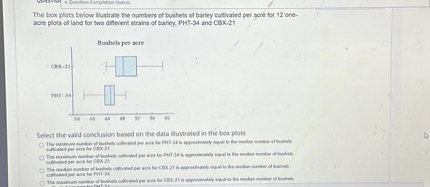 The box plots below illustrate the numbers of bushels of barley cultivated per acre for 12 one-acre plots of land for two different strains of barley, PHT-34 and CBX-21
Bushels per acre
Select the valid conclusion based on the data illustrated in the box plots
The minimum number of bushels cultivated per acre for PHT-34 is approximately equal to the median number of bushels cultivated per acre for CBX-21.
The maximum number of bushels cultivated per acre for PHT-34 is approximately equal to the median number of bushels cultivated per acre for CBX-21.
The median number of bushels cultivated per acre for CBX-21 is approximately equal to the median number of bushels cultivated per acre for PHT-34.
The maximum number of bushels cultivated per acre for CBX-21 is approximately equal to the median number of bushels cultivated per acre for PHT-34.