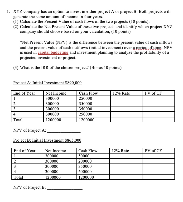 1. XYZ company has an option to invest in either project A or project B. Both projects will generate the same amount of income in four years. (1) Calculate the Present Value of cash flows of the two projects (10 points), (2) Calculate the Net Present Value of these two projects and identify which project XYZ company should choose based on your calculation, (10 points)

*Net Present Value (NPV) is the difference between the present value of cash inflows and the present value of cash outflows (initial investment) over a period of time. NPV is used in capital budgeting and investment planning to analyze the profitability of a projected investment or project.

(3) What is the IRR of the chosen project? (Bonus 10 points)

Project A: Initial Investment 890,000

End of Year | Net Income | Cash Flow | 12% Rate | PV of CF
1 | 300000 | 250000 | | 
2 | 300000 | 350000 | | 
3 | 300000 | 350000 | | 
4 | 300000 | 250000 | | 
Total | 1200000 | 1200000 | | 

NPV of Project A: 

Project B: Initial Investment865,000

End of Year | Net Income | Cash Flow | 12% Rate | PV of CF
1 | 300000 | 50000 | | 
2 | 300000 | 200000 | | 
3 | 300000 | 350000 | | 
4 | 300000 | 600000 | | 
Total | 1200000 | 1200000 | | 

NPV of Project B: 