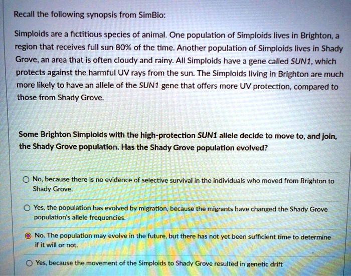 Recall the following synopsis from SimBio:

Simploids are a fictitious species of animal. One population of Simploids lives in Brighton, a region that receives full sun 80% of the time. Another population of Simploids lives in Shady Grove, an area that is often cloudy and rainy. All Simploids have a gene called SUN1, which protects against the harmful UV rays from the sun. The Simploids living in Brighton are much more likely to have an allele of the SUN1 gene that offers more UV protection, compared to those from Shady Grove.

Some Brighton Simploids with the high-protection SUN1 allele decide to move to, and join, the Shady Grove population. Has the Shady Grove population evolved?

No, because there is no evidence of selective survival in the individuals who moved from Brighton to Shady Grove.

Yes, the population has evolved by migration, because the migrants have changed the Shady Grove population's allele frequencies.

No. The population may evolve in the future, but there has not yet been sufficient time to determine if it will or not.

Yes, because the movement of the Simploids to Shady Grove resulted in genetic drift