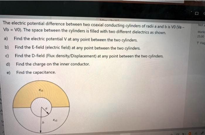 the electric potential difference between two coaxial conducting cylinders of radii a and b is vo va vbvothe space between the cylinders is filled with two different dielectrics as shown a f 52875