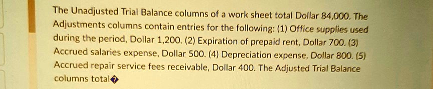 the unadjusted trial balance columns of a worksheet total 84000