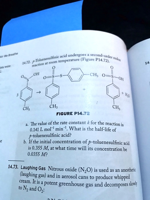 Air We Breathe
data were
14.72. p-Toluenesulfinic acid undergoes a second-order redox
reaction at room temperature (Figure P14.72)
3
OH
O=S-S
?
CH3
CH3
+ -CH3
O=S-OH
+ H2O
CH3
FIGURE P14.72
a. The value of the rate constant k for the reaction is
0.141 L mol^-1 min^-1. What is the half-life of
p-toluenesulfinic acid?
b. If the initial concentration of p-toluenesulfinic acid
is 0.355 M, at what time will its concentration be
0.0355 M?
14.73. Laughing Gas Nitrous oxide (N2O) is used as an anesthetic
(laughing gas) and in aerosol cans to produce whipped
cream. It is a potent greenhouse gas and decomposes slowly
to N2 and O2: