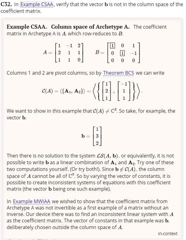 SOLVED: C52. In ExampleCSAA, verify that the vector b is not in the ...