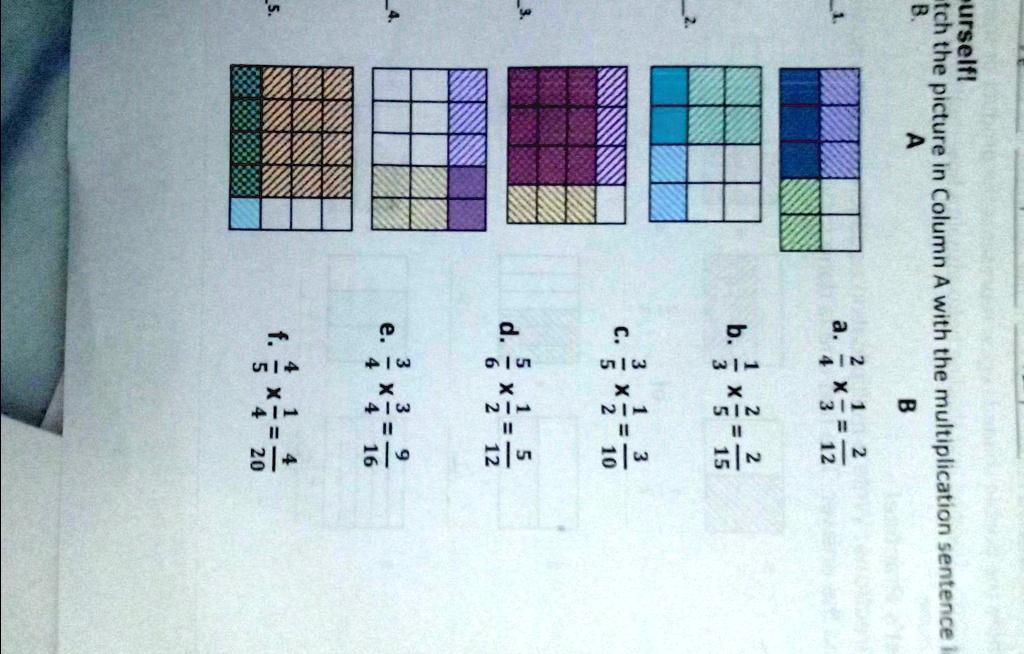 a. frac24 	imes frac13 = frac212
b. frac13 	imes frac25 = frac215
c. frac35 	imes frac12 = frac310
d. frac56 	imes frac12 = frac512
e. frac34 	imes frac34 = frac916
f. frac45 	imes frac14 = frac420