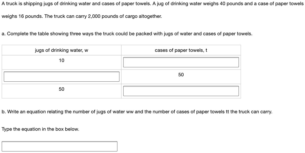 SOLVED: 'PLS HELP ME! I'm tired. A truck is shipping jugs of drinking water  and cases of paper towels A jug of drinking water weighs 40 pounds and a  case of paper