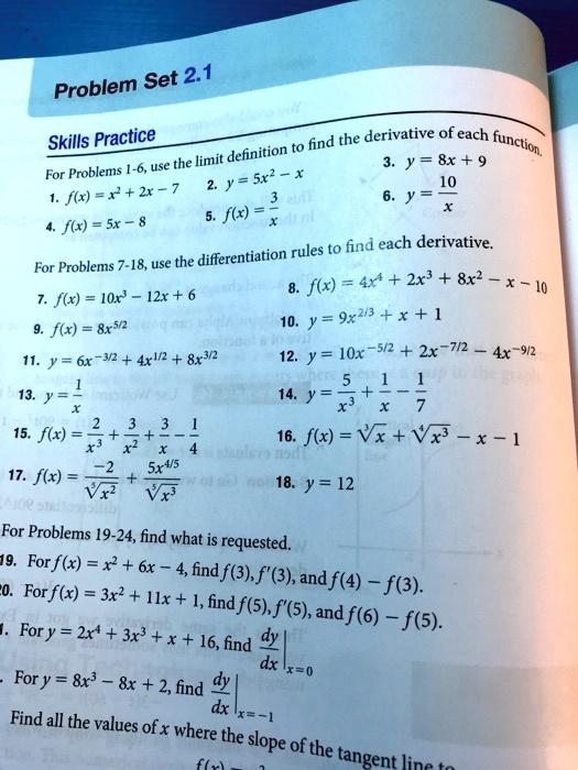 Solved Problem Set 2 1 Skills Practice Find The Derivative Of Each Function Use The Limit Definition For Problems Y 8x 2 Y Sr X Fw Ert 2x