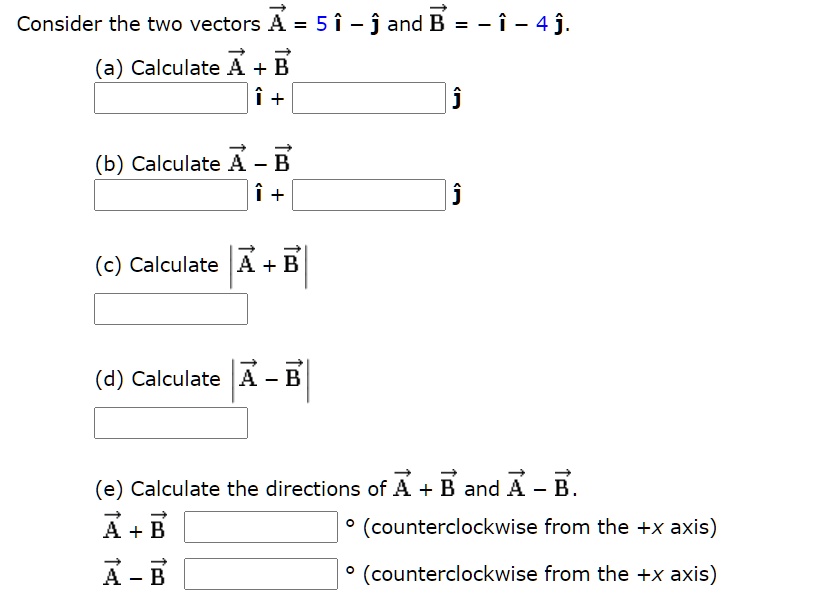 SOLVED: Consider The Two Vectors 4 5i - Jand B = -i-4j Calculate ^ + B ...