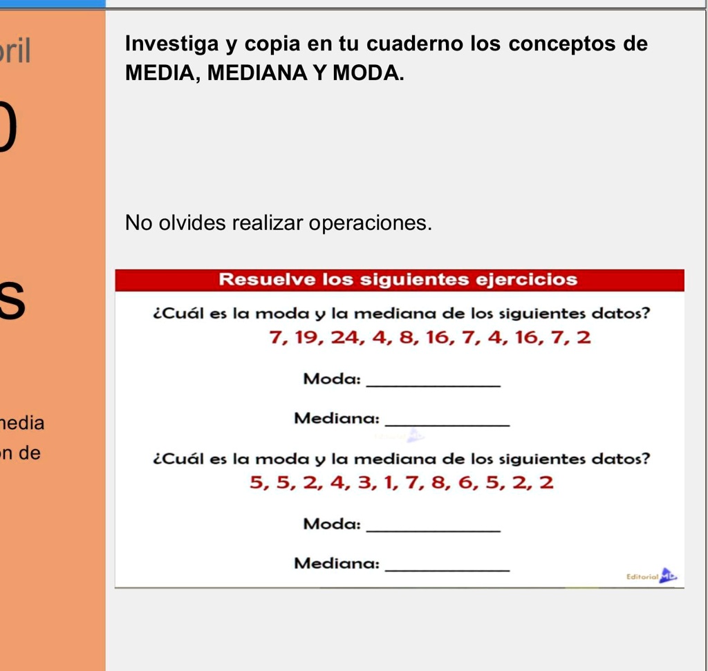 Media, mediana y moda exercise for Séptimo