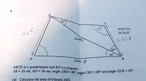 NOT TO SCALE
ABCD is a quadrilateral and BD is a diagonal.
AB = 26 cm, BD = 24 cm, angle ABD = 40°, angle CBD = 40° and angle CDB = 30°.
(a) Calculate the area of triangle ABD.