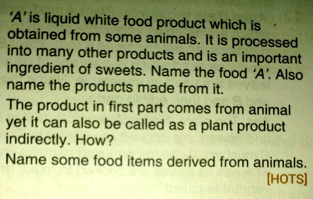 'A' is liquid white food product which is obtained from some animals. It is processed into many other products and is an important ingredient of sweets. Name the food 'A'. Also name the products made from it. The product in first part comes from animal yet it can also be called as a plant product indirectly. How? Name some food items derived from animals. [HOTS]