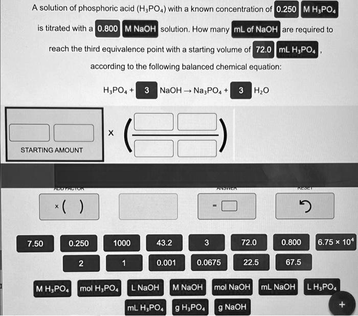 A solution of phosphoric acid (H3PO4) with a known concentration of 0.