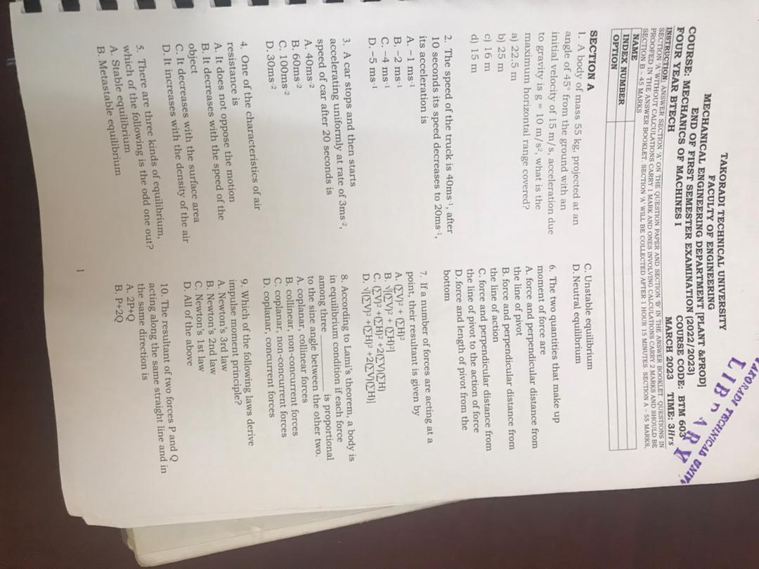 SOLVED: TAKORADI TECHNICAL UNIVERSITY FACULTY OF ENGINEERING MECHANICAL ... image.