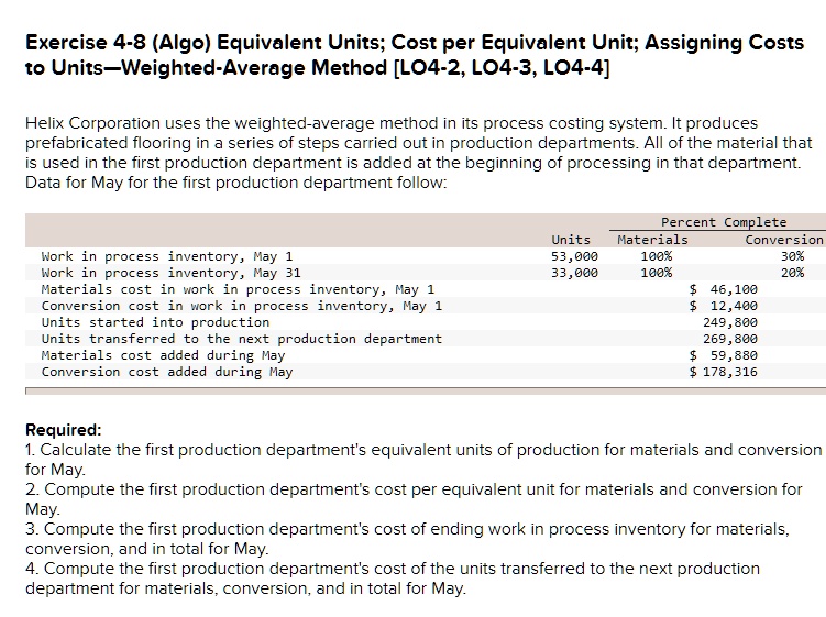 SOLVED: Exercise 4-8 (Algo) Equivalent Units; Cost per Equivalent Unit ...