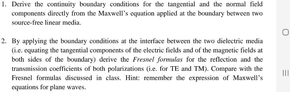 SOLVED: 1. Derive the continuity boundary conditions for the tangential ...