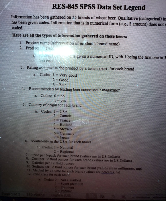 SOLVED RES845 SPSS Data Set Legend Information has been gathered on