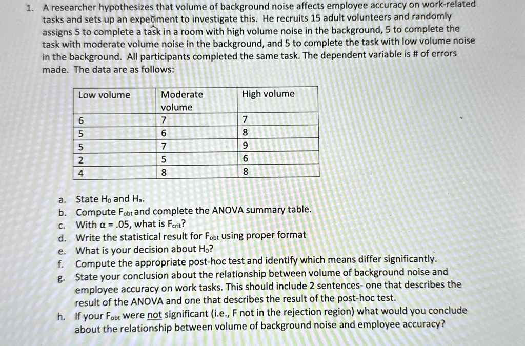 1 a researcher hypothesizes that volume of background noise affects employee accuracy on work related tasks and sets up an experiment to investigate this he recruits 15 adult volunteers and  21583