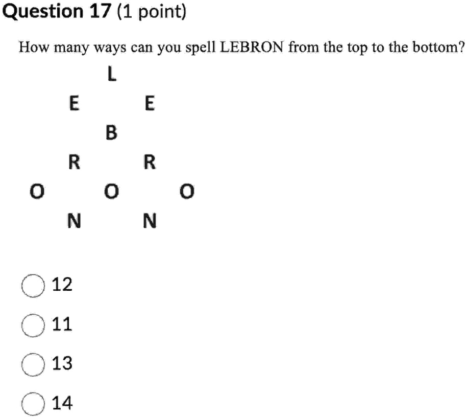 Question 17 (1 point)
How many ways can you spell LEBRON from the top to the bottom?
L
E   E
B
R   R
O   O   O
N   N
12
11
13
14