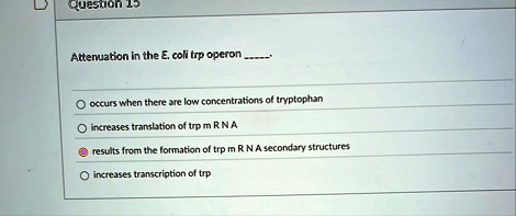 question 15 attenuation in the e coli trp operon o occurs when there are low concentrations of tryptophan o increases translation of trp mrna results from the formation of trp mrna secondary 50569