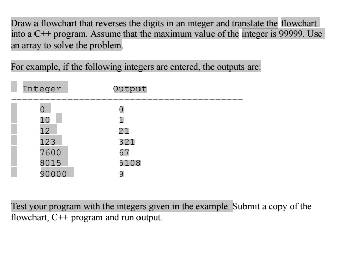 SOLVED: Draw a flowchart that reverses the digits in an integer and ...