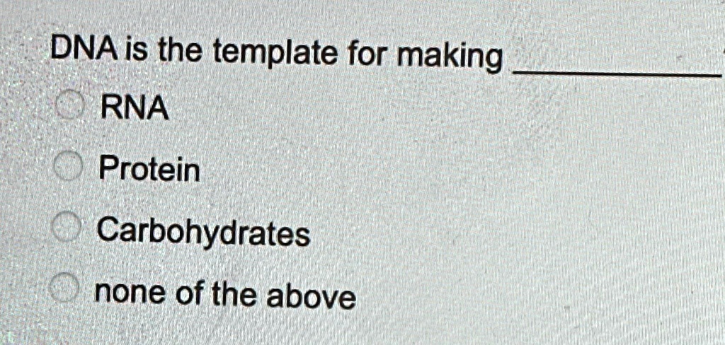 SOLVED: DNA is the template for making RNA Protein Carbohydrates none SOLVED: DNA is the template for making RNA Protein Carbohydrates none