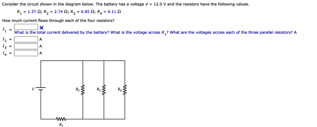 Consider the circuit shown in the diagram below. The battery has a voltage V = 12.0 V and the resistors have the following values.
R1 = 1.37 ?; R2 = 2.74 ?; R3 = 6.85 ?; R4 = 4.11 ?
How much current flows through each of the four resistors?
I1 = 
What is the total current delivered by the battery? What is the voltage across R1? What are the voltages across each of the three parallel resistors? A
I2 = A
I3 = A
I4 = A